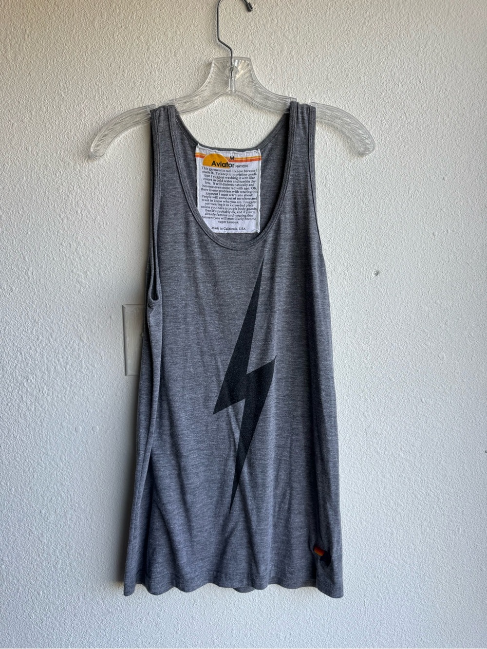 Aviator Nation Gray Tank with Black Lightning Bolt size M